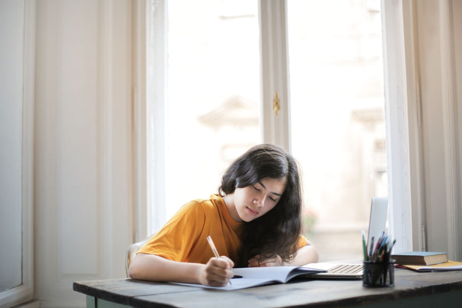 Young woman writing in a notebook by a sunny window, citicoline for focus