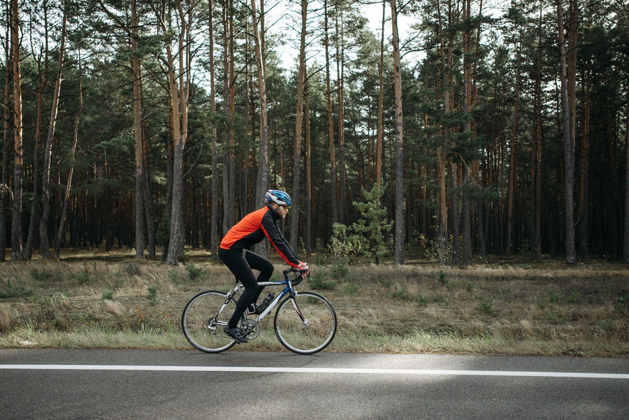 Cyclist riding through a pine forest, CoQ10 for energy and physical performance