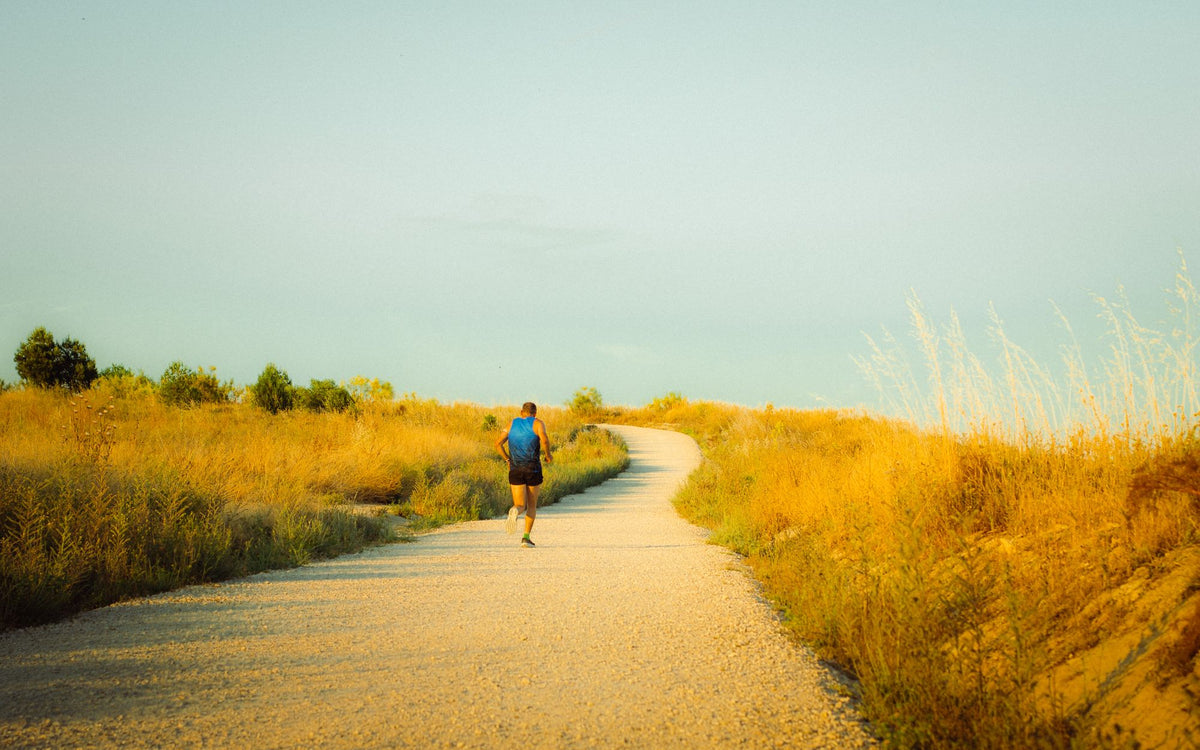 Runner on a sunlit path through golden fields, supplements for daily energy