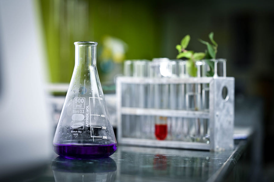 Laboratory flask and test tubes beside a small plant, liposomal technology research