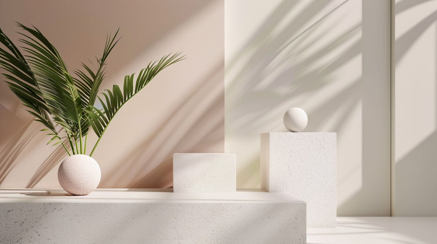Minimal interior with a plant in soft sunlight, the idea of fewer and better products