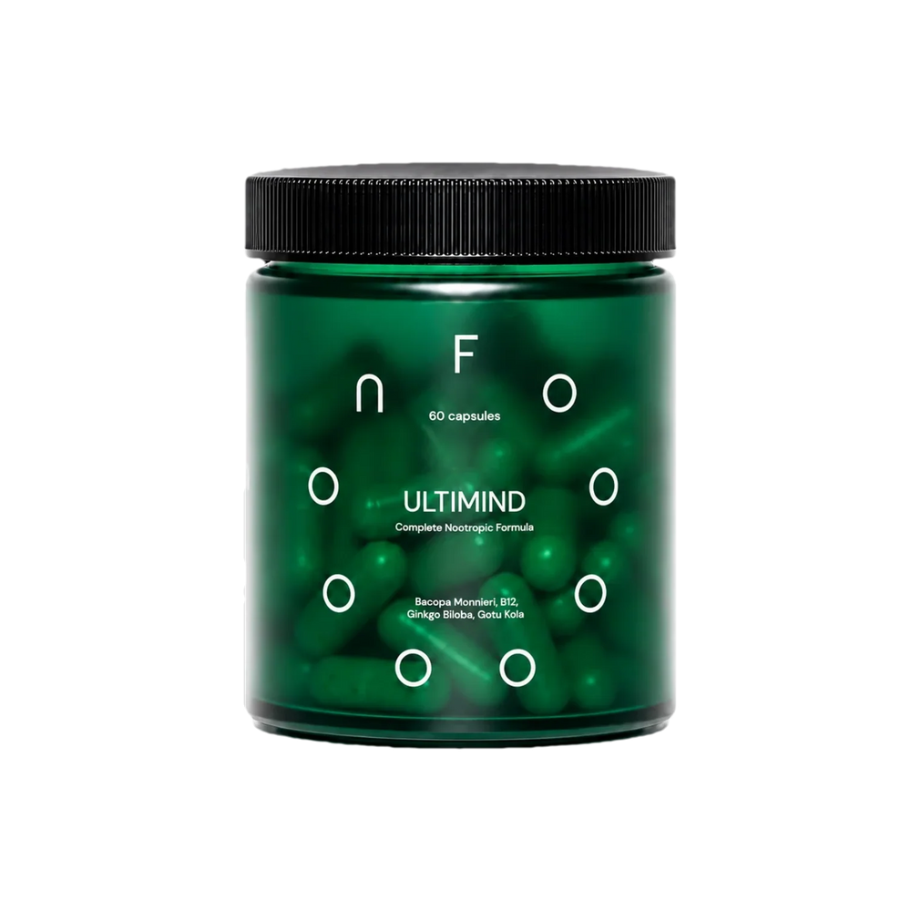 FOOON Ultimind liposomal nootropic supplement jar with 60 green capsules, complete nootropic formula