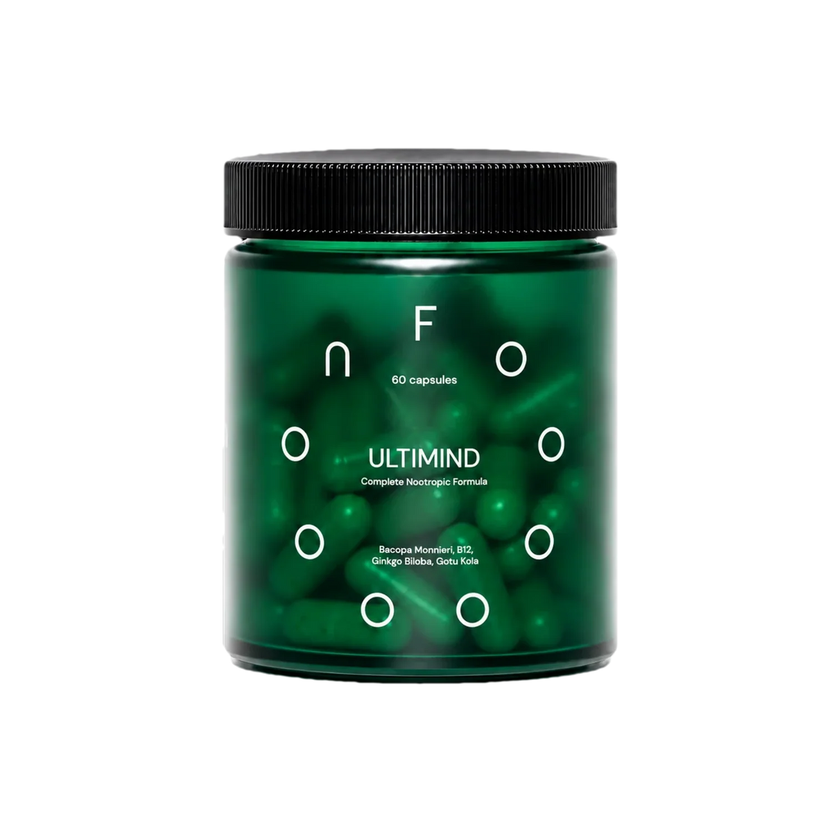 FOOON Ultimind liposomal nootropic supplement jar with 60 green capsules, complete nootropic formula